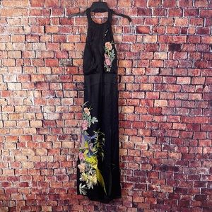 asos edition all over floral embroidered maxi dress in black ARRANGE dripping floral embroidered strong shoulder open back maxi dress in black